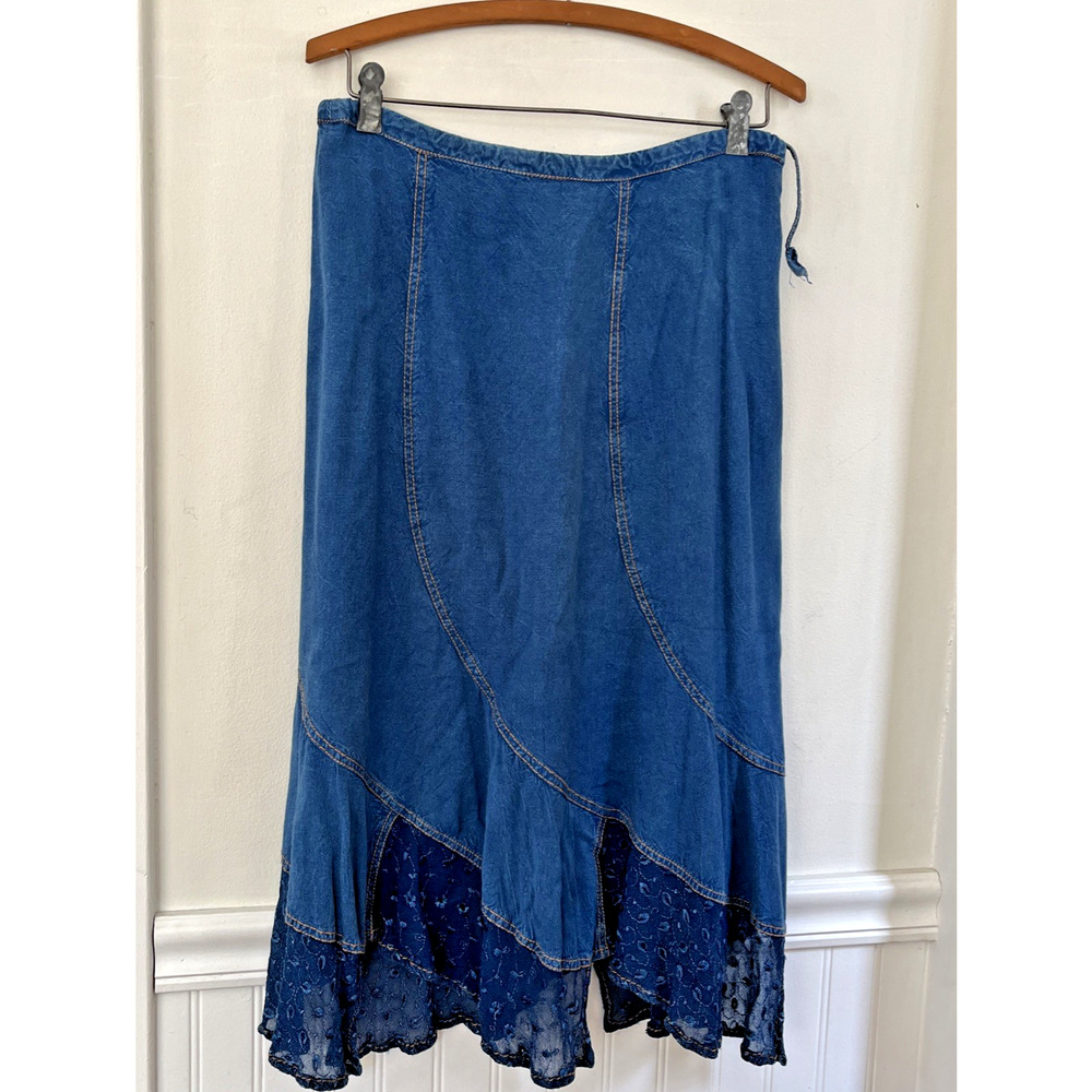 Sacred Threads Hippie Boho Blue Demmin Like Lace Hem Skirt Rayon SZ SM - Picture 8 of 8